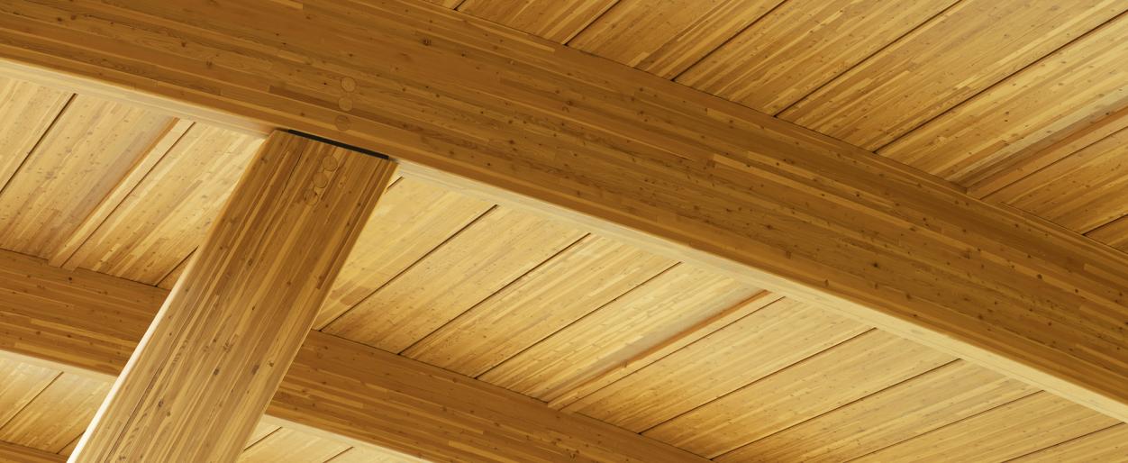 Glulam detail of mass timber Commons Building at the ATCO Commercial Centre. 