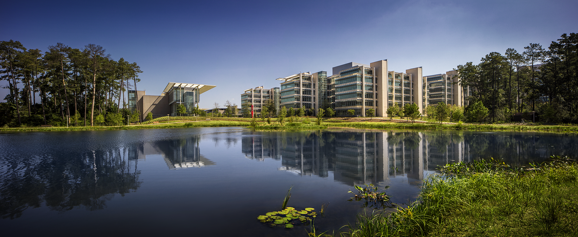 buildings reflecting off a pond at the ExxonMobil Wellness Center