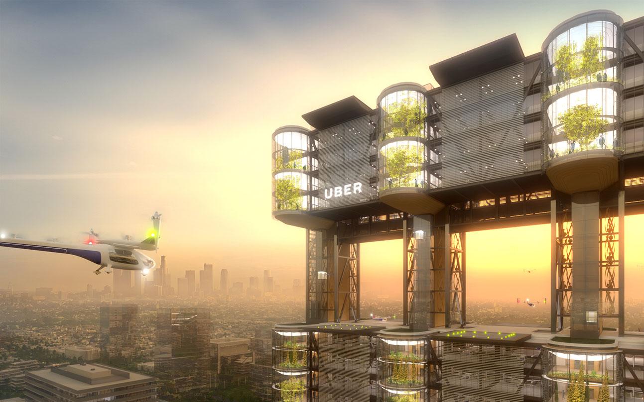 Uber’s flying car arriving to land in Uber's Skytower - future of intra-urban transportation.