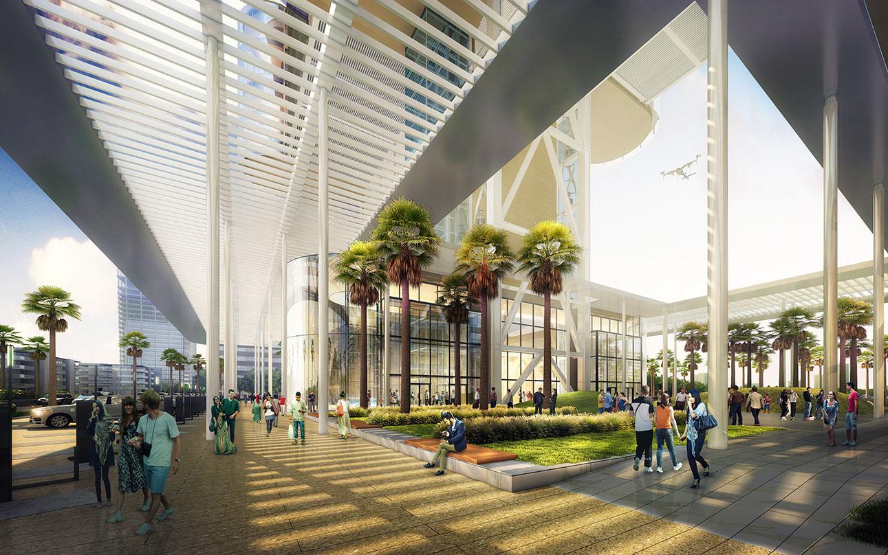 Architectural design perspective of people walking near the garden area - green courtyard  of the Uber’s Mega Skytower