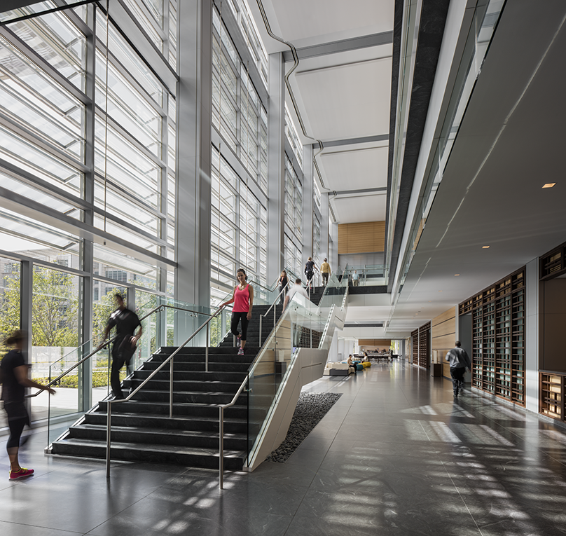 inside stairway and long hall in the ExxonMobil Wellness Center