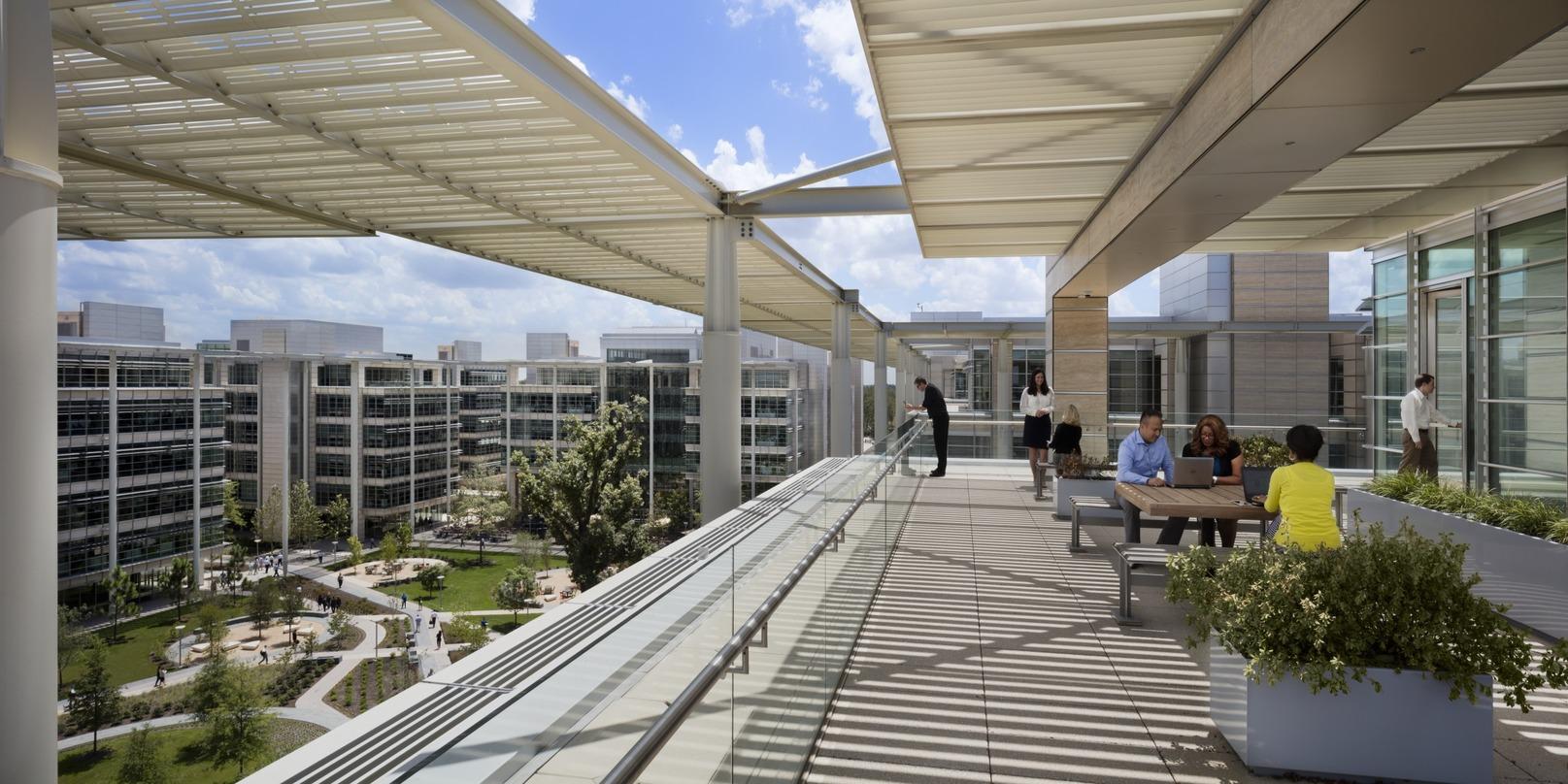 terrace with glass awnings ExxonMobil Office Complex