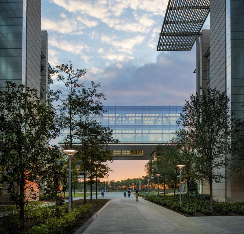 Pedestrian level of the central atrium at the ExxonMobil Energy Center with adequate greenery.