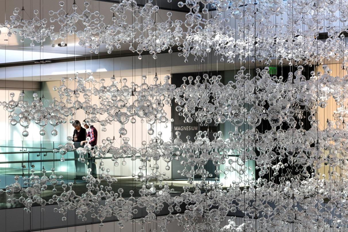 Molecular design crystals suspended from the roof of ExxonMobil Energy Center in Houston, Texas.