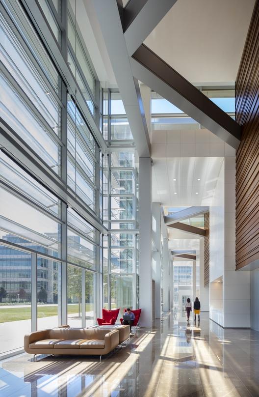 Sunlight entering the ExxonMobile Energy Center from the glass frame walls.