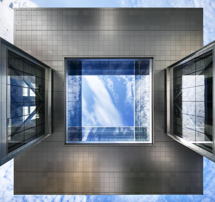 Cube shaped opening in the roof of ExxonMobil Energy Center, Houston, Texas for natural lighting.