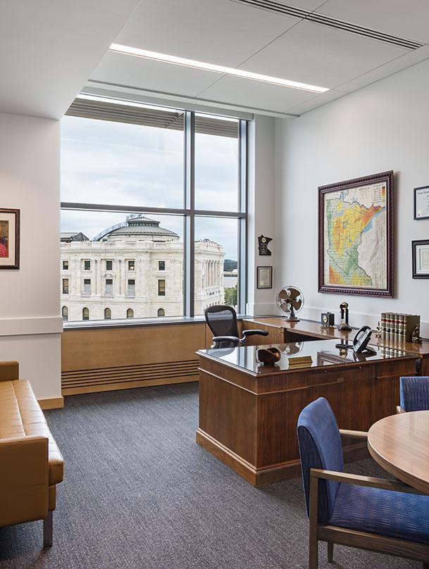 Looking out at the Cass Gilbert’s historic 1905 State Capitol Building, the Minnesota Senate Building has been designed to respond to Majority Leader Senator Bakks’ vision for “a landmark in its own right, architecturally distinctive and worthy of the twenty-first century.