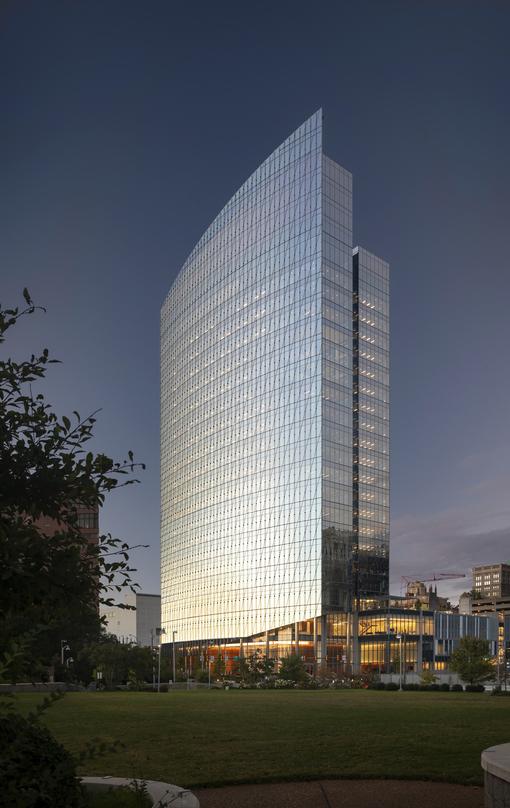 A nightime view of the Thomas F. Farrell II Building. The exterior architectural design of the 20-storey 600 Canal Place located in Richmond, Virginia.