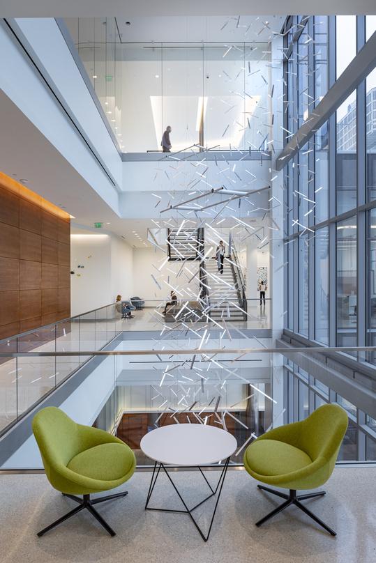 Centrally suspended abstract design at the 20-storey 600 Canal Place located in Richmond, Virginia.