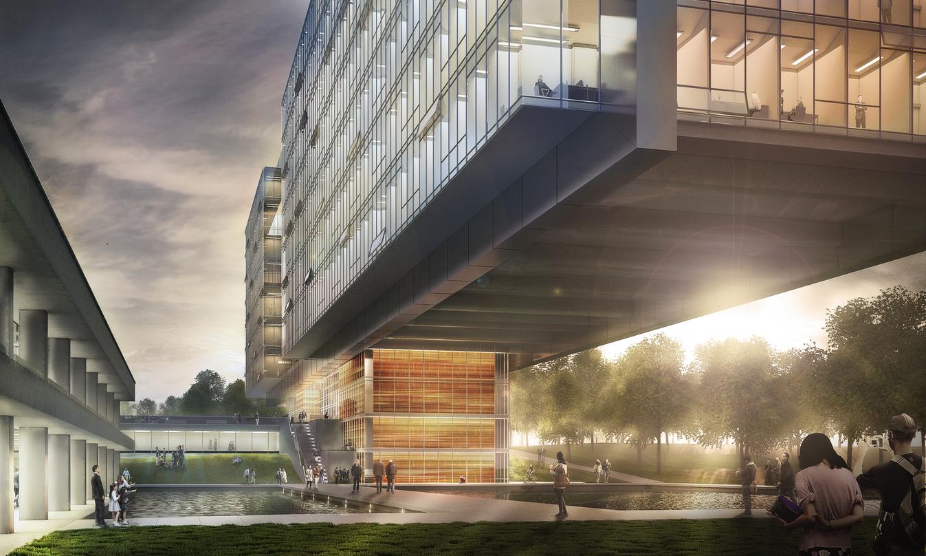 A view of the World Health Center’s Extension building, Geneva  from the pool side and the walking path to the building.