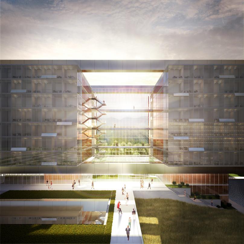 Pedestrian level view of our design proposal for the World Health Organization (WHO) Headquarters Building Extension.