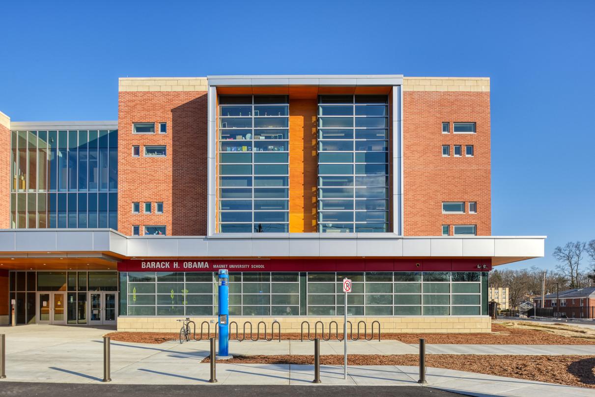Exterior view of the Barack H. Obama Magnet University school, a three-storey brick-clad building in New Haven, Connecticut.