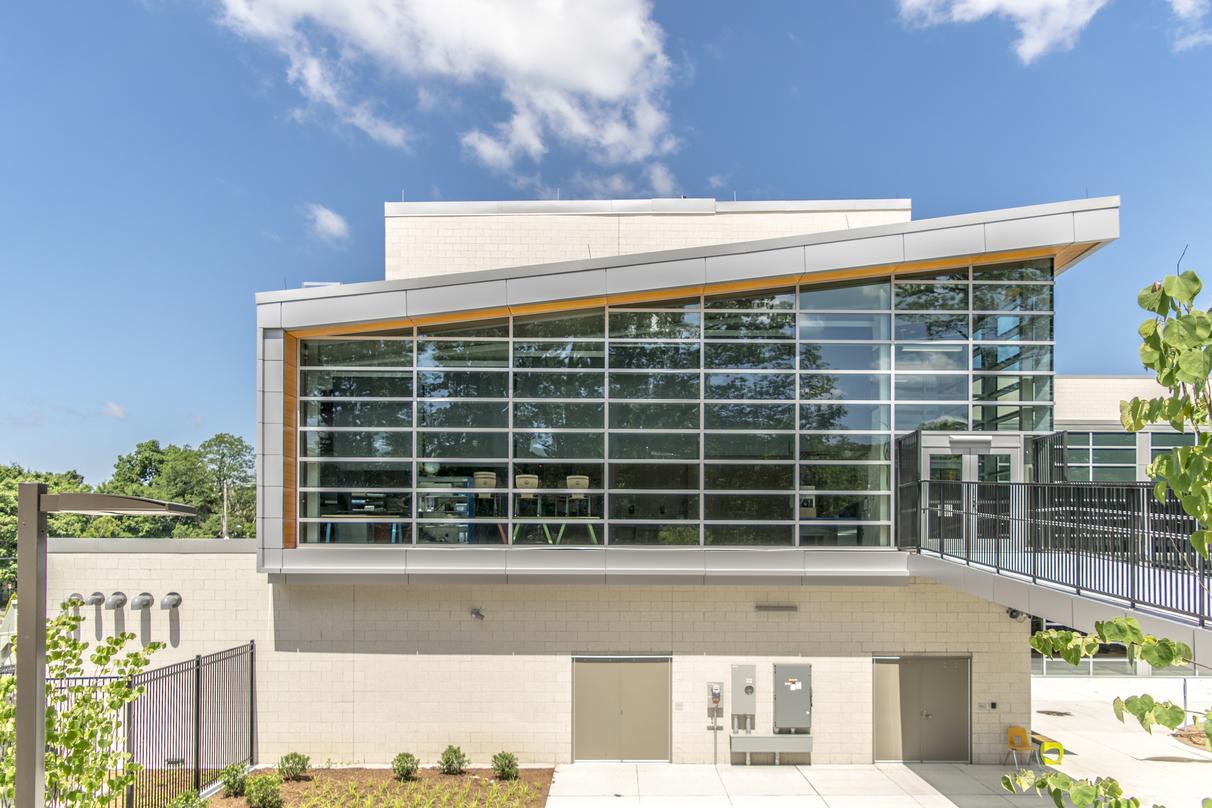 Glass frame walls at the Barack H. Obama Magnet University school in New Haven, Connecticut.