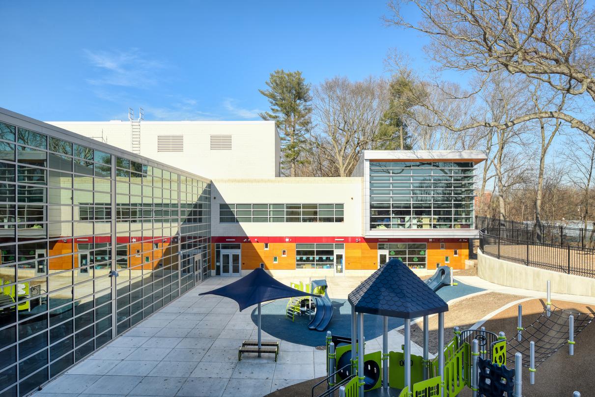 Outside the glass frame walls of Barack H. Obama Magnet University school in New Haven, Connecticut.