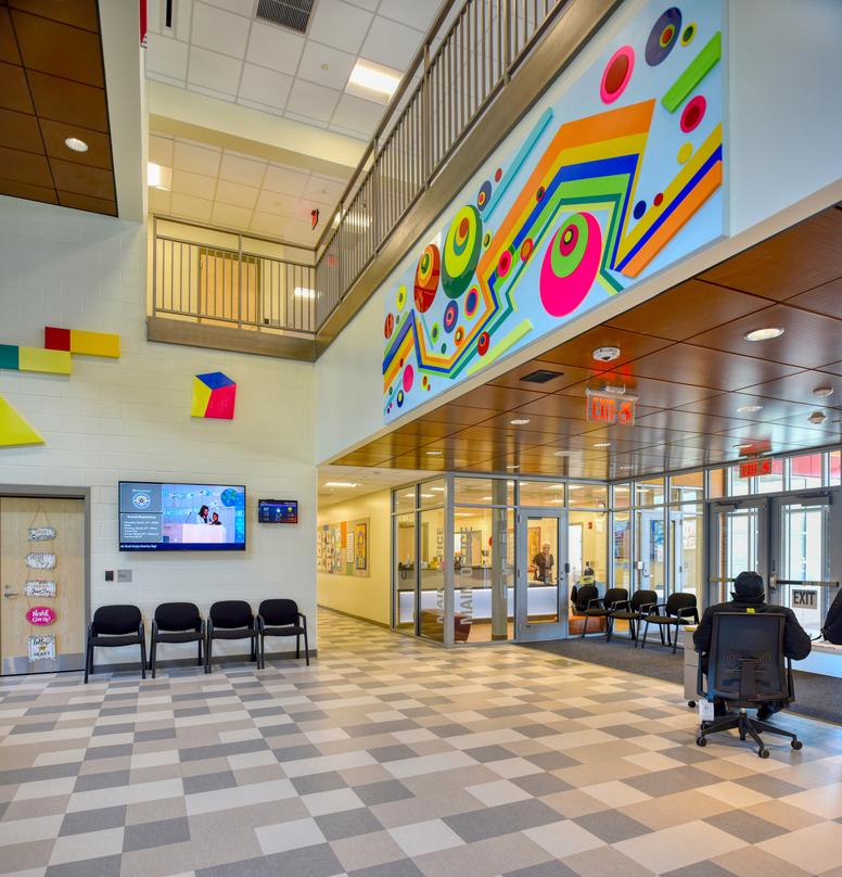 Colorfully designed interiors of the Barack H. Obama Magnet University school in New Haven, Connecticut.