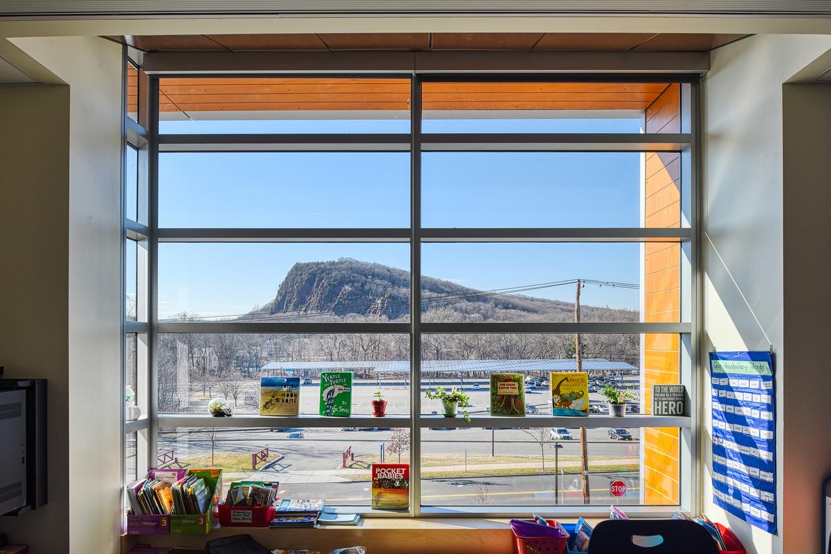 A view through the glass frame window in Barack H. Obama Magnet University school in New Haven, Connecticut.