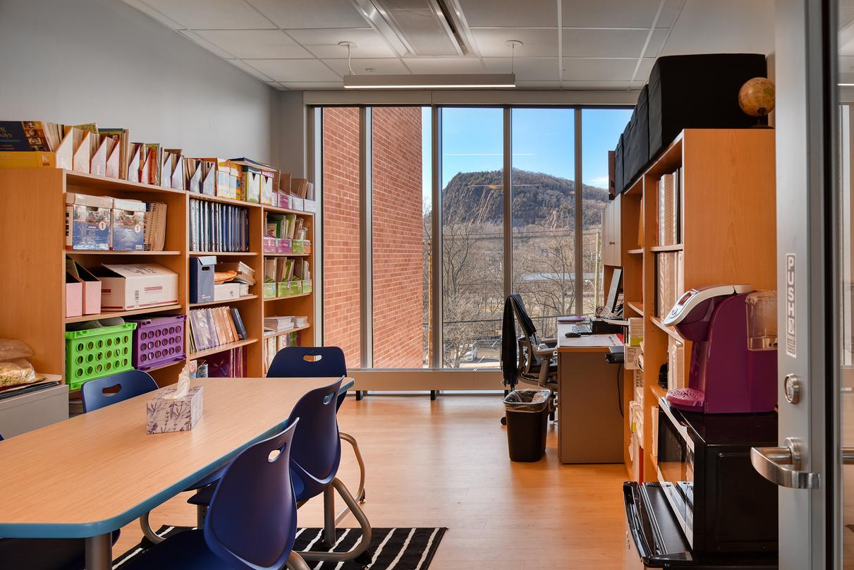 A view through the glass frame walls in Barack H. Obama Magnet University school in New Haven, Connecticut.