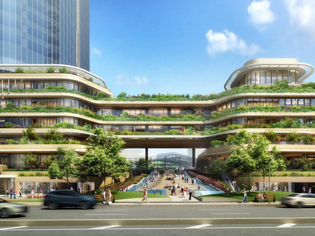 Central atrium connecting two decks with adequate greenery in the design proposal for Takanawa Gateway City project.