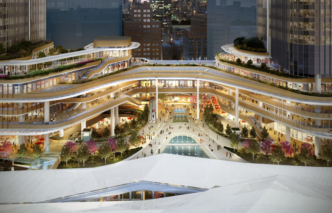 Birds-eye view of the lower deck design incorporated into the proposal for Global Gateway Shinagawa project.