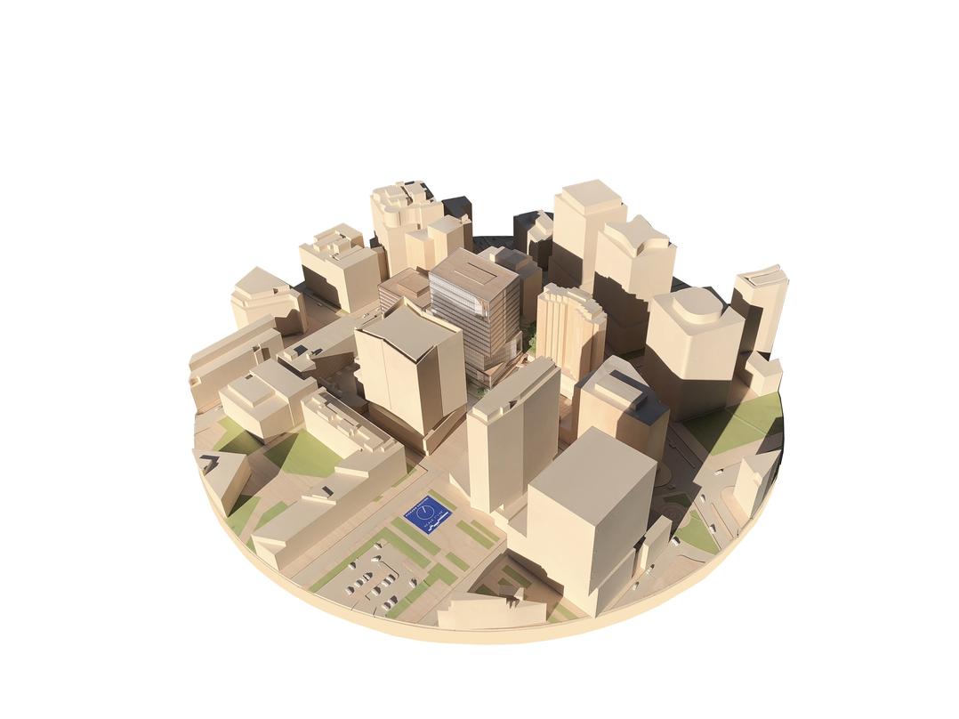 a concept model of the Google Cambridge building and surrounding buildings
