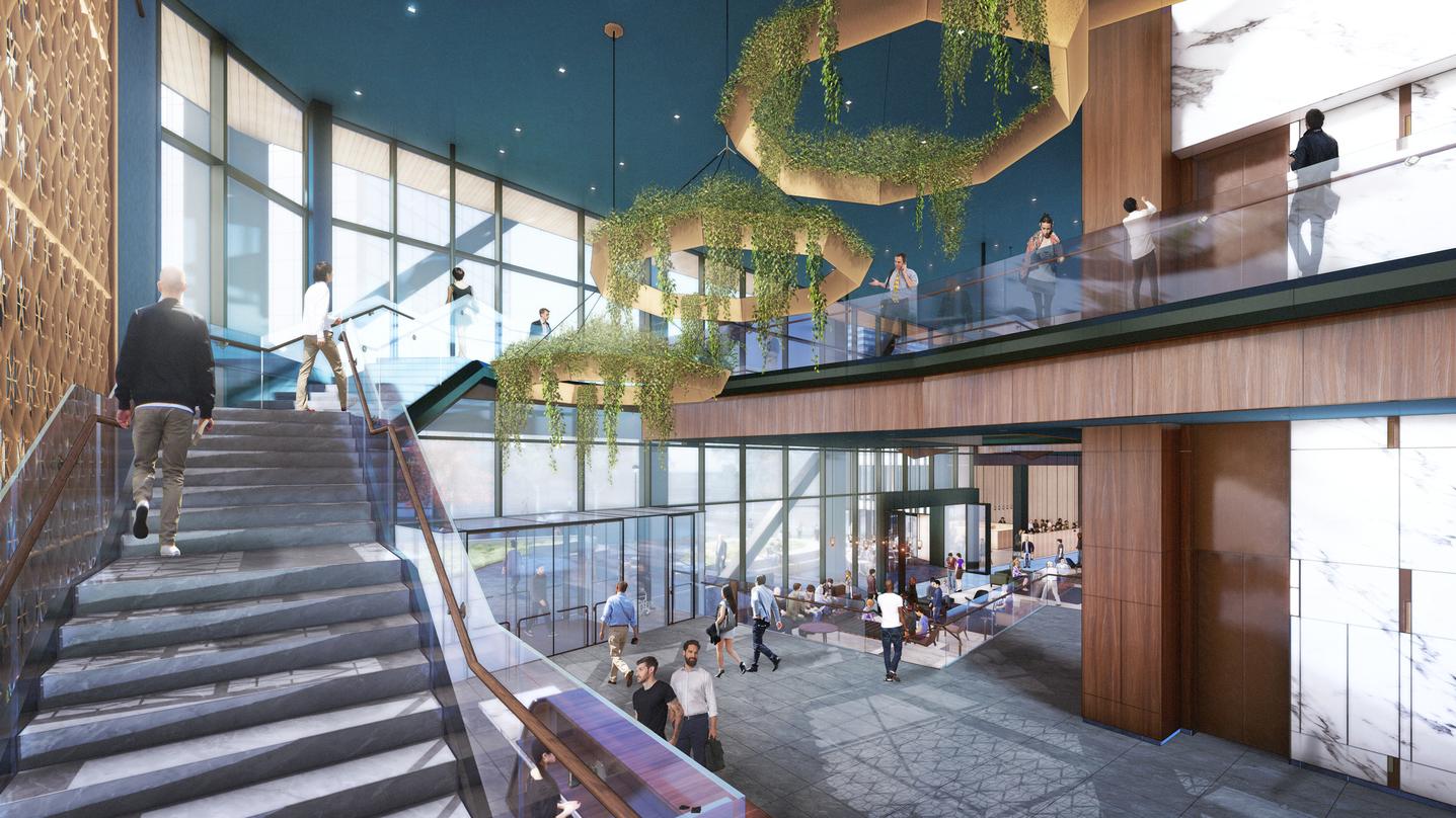Visualization of the staircase and suspended roof designs inside our commercial office development design in Bellevue.