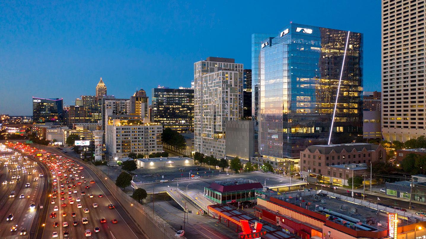 Skyline view of new high performance corporate headquarters designed as a next generation campus at Norfolk Southern’s, Technology Square in Midtown Atlanta