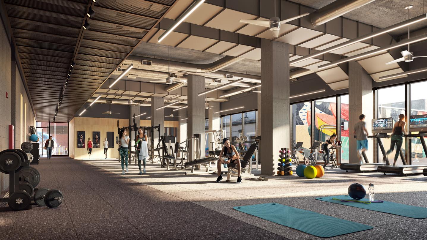 Fitness center design incorporated into the proposal for T3 RiNo project located in Denver, Colorado.