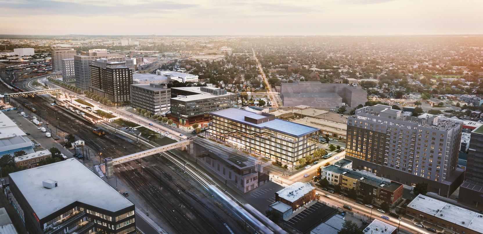 Aerial view of the design proposal for T3 RiNo project, six-story heavy timber office building located in Denver, Colorado.