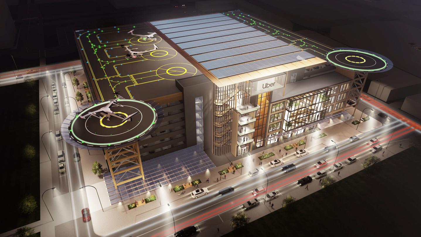 Aerial view of the design proposal for the Skyloft program by Uber constructed with two landing pads.