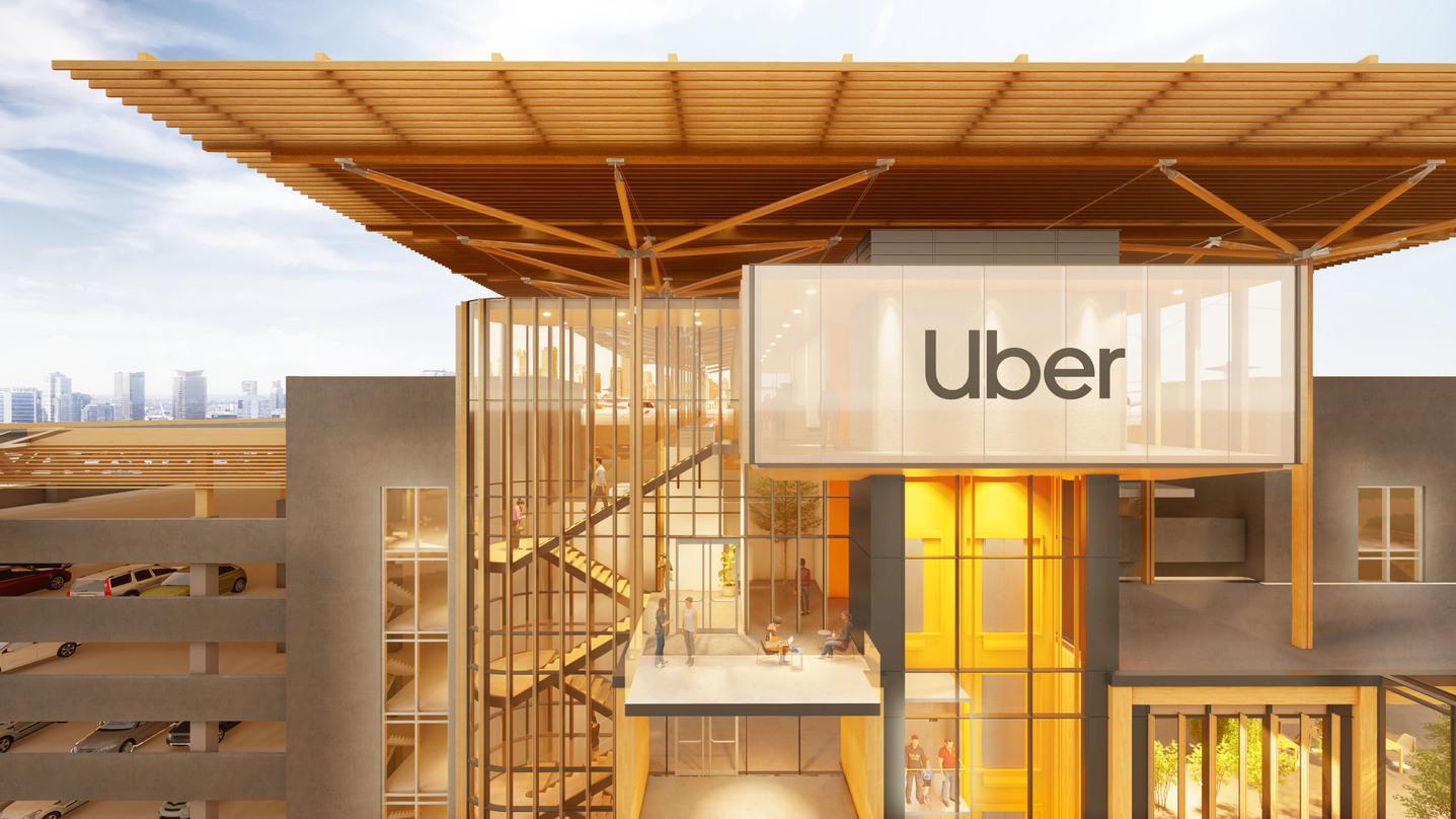 A closer look at the timber designs outside the glass frame walls of the Skyloft program by Uber.