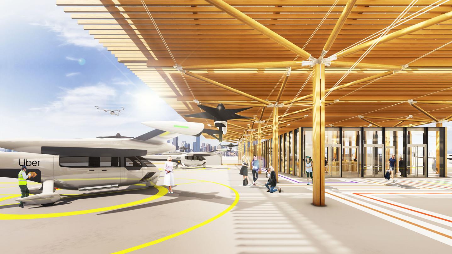 Visualization of the landing pad on the roof of Skyloft for a futuristic air transit service by Uber