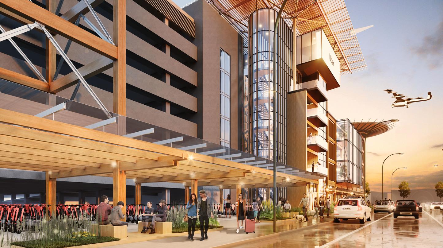 Pedestrian level view of the Skyloft program by Uber constructed with mass timber frame designs.