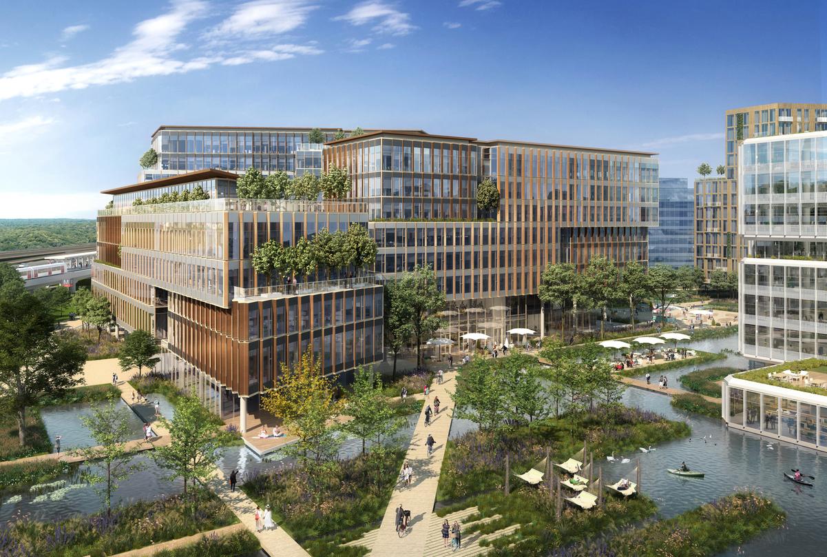 Exterior view of the next generation workplace in Amsterdam, Netherland that incorporates greenery and waterways aesthetically.