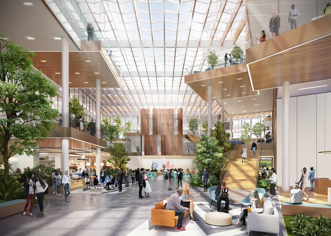 The interior designs with adequate greenery and sunroof incorporated into the next generation workplace in Amsterdam.