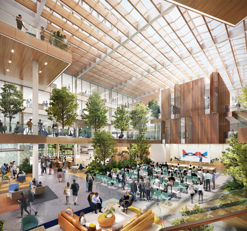 Interior design of the next generation workplace in Amsterdam with a conference hall surrounded by adequate greenery.