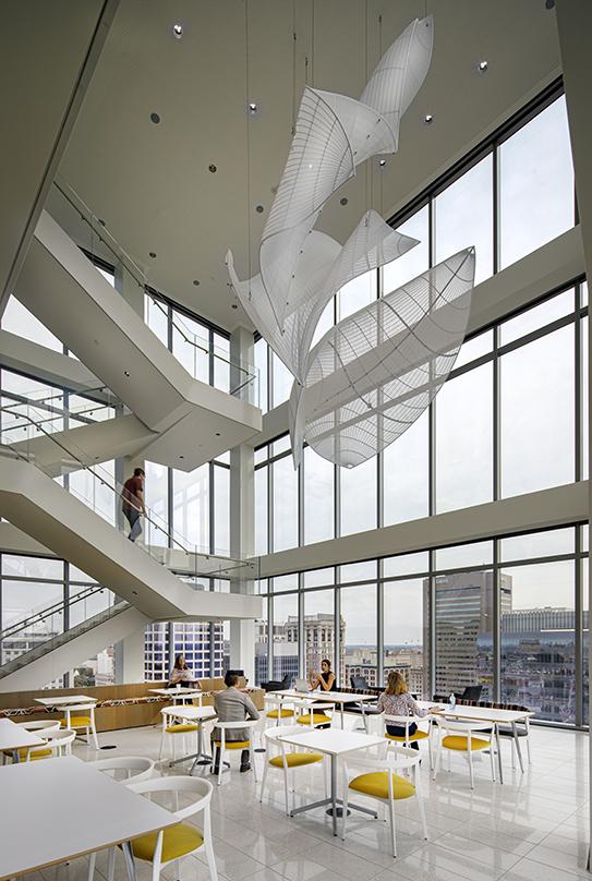 Centrally suspended leaf-like design at the 20-storey 600 Canal Place located in Richmond, Virginia.