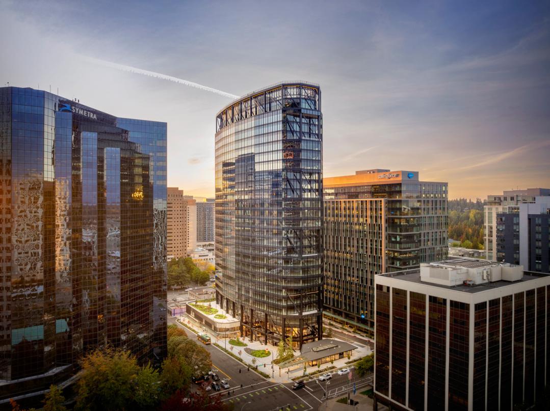 The Eight tower stands in Bellevue Washington with open terraces