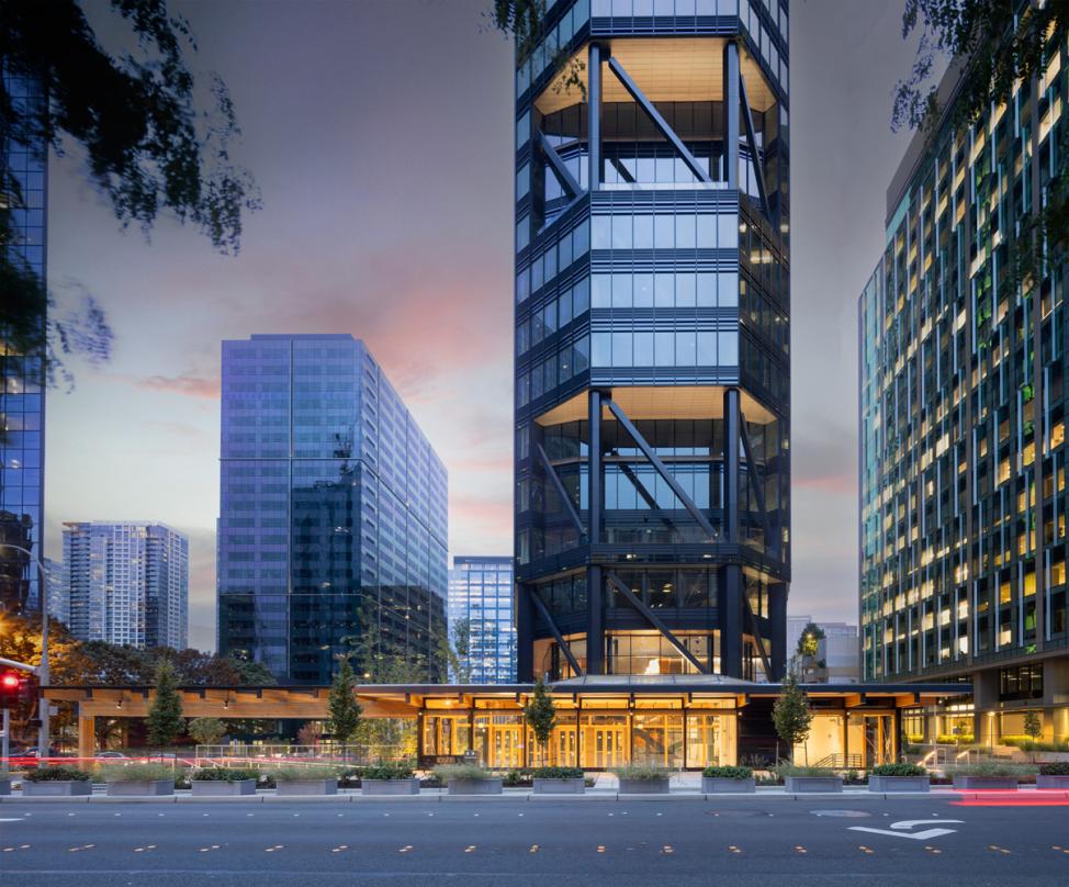 Pedestrian level view of the entrance in our next-generation Class A commercial office development design in Bellevue.