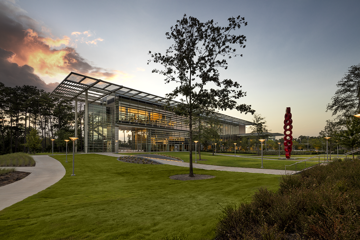 a view of the ExxonMobil Wellness Center at dusk