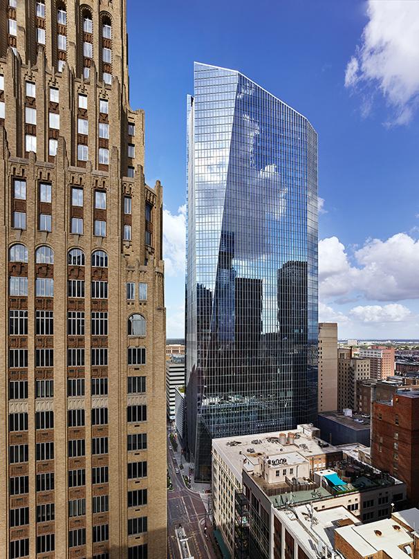 Glass frame walls incorporated into the 609 Main, Class-A next generation office tower in Houston, Texas.