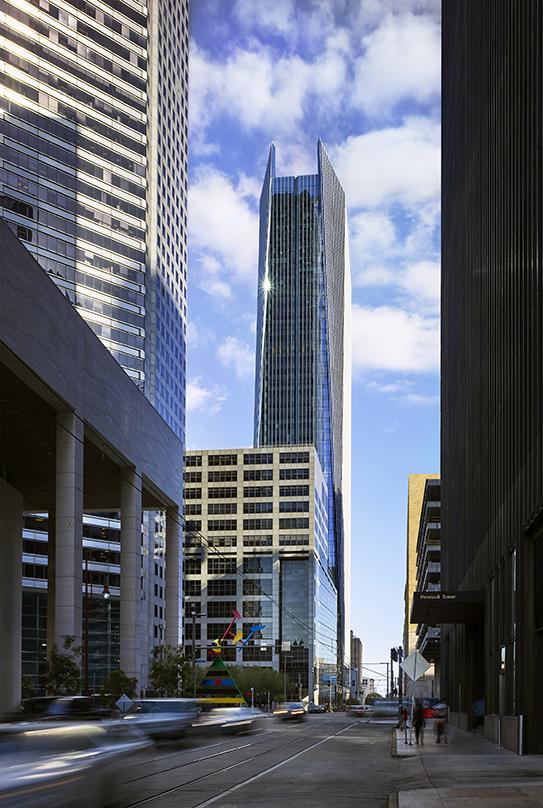Pedestrian level view of the 609 Main, Class-A next generation office tower in Houston, Texas.