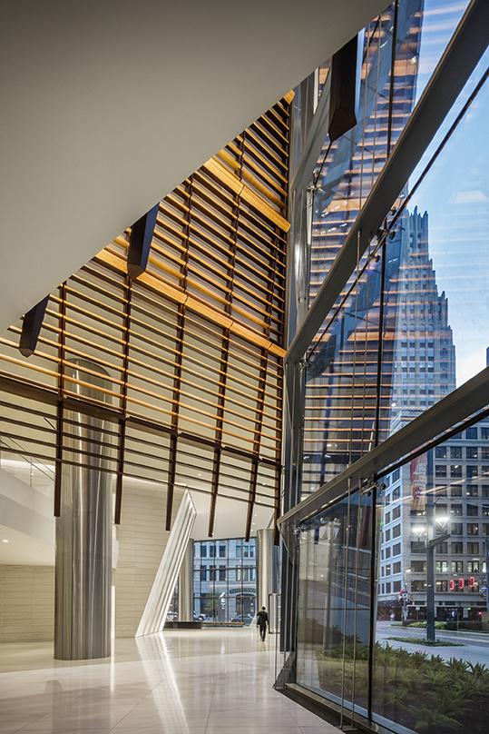 A closer look at the reflective glass frame walls incorporated into the 609 Main, Class-A next generation office tower in Houston, Texas