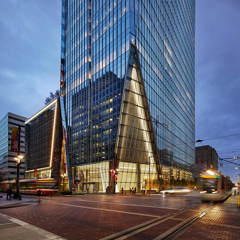 Reflective glass frame walls of the 609 Main, Class-A next generation office tower in Houston, Texas.