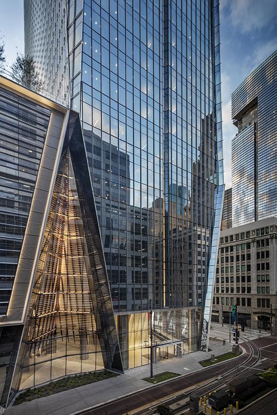 Reflective glass frame walls of the 609 Main, Class-A next generation office tower in Houston, Texas.