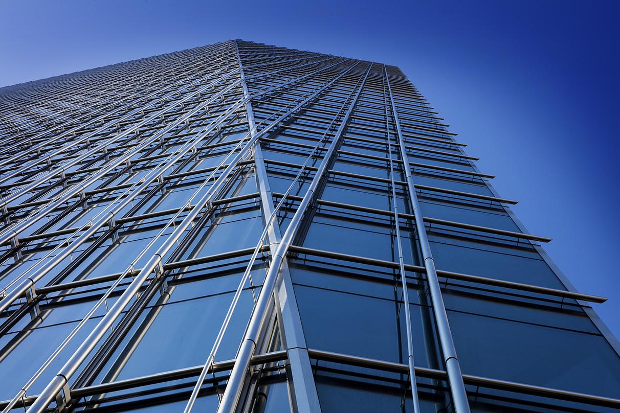 A closer look at the glass frame walls of the 609 Main, Class-A next generation office tower in Houston, Texas.