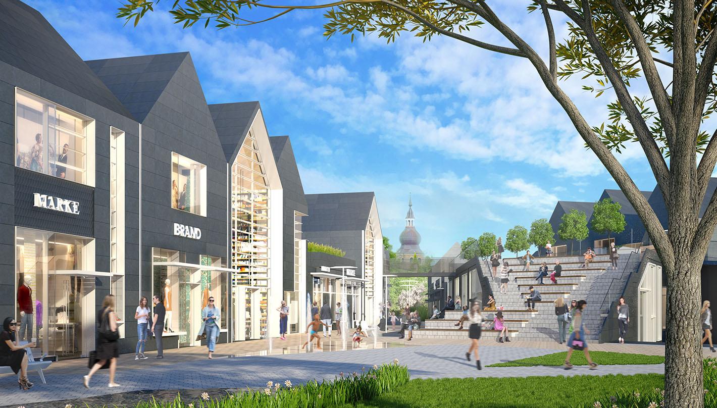 storefronts in the Remscheid Designer Outlet Centre in Germany with diverse and intimate streetscapes inspired by the town