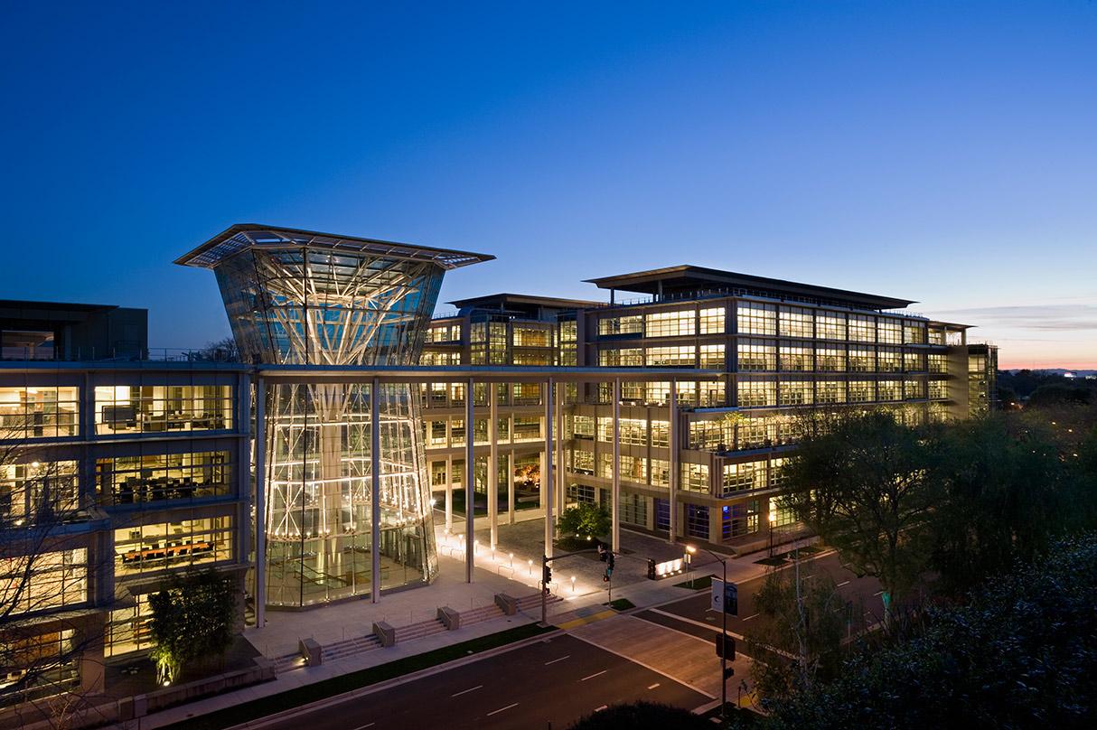 a view at dusk of the entrance CalPERS Headquarters Complex