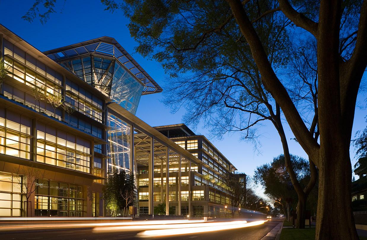 An exterior view at dusk of the CalPERS Headquarters Complex