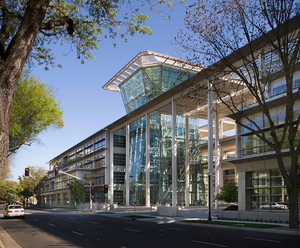 A view from across the street of the entrance of the CalPERS Headquarters Complex
