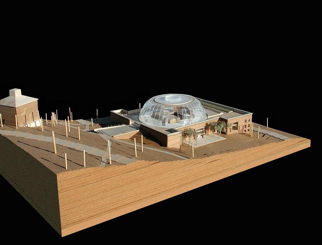 an architect's model of the Case Library, Colgate University building with dome and grounds